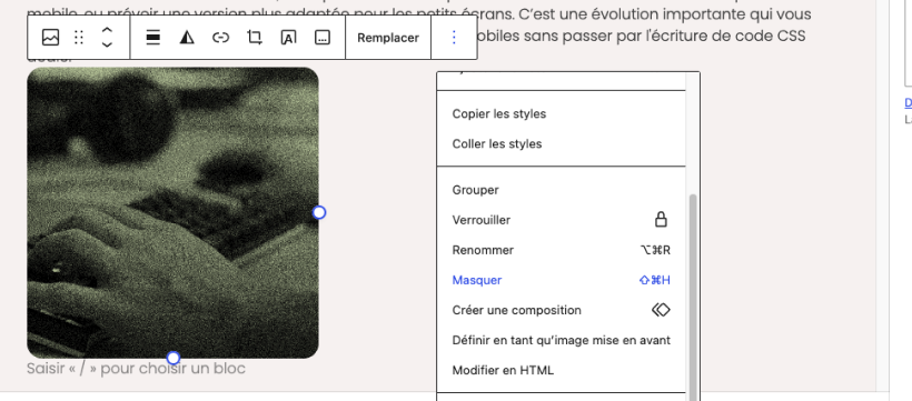 Capture d'écran de l'option permettant de masquer un élément.